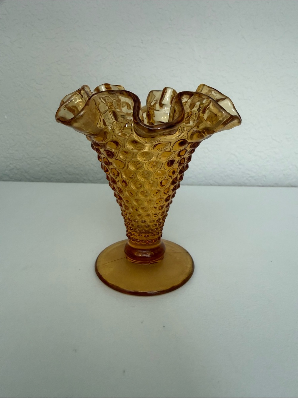 Vintage Fenton Amber Hobnail Ruffled Trumpet Bud Vase 4"